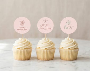 Szablon na babeczki "Sea You Soon", różowe muszelki do wydrukowania, dekoracja na baby shower dla dziewczynek