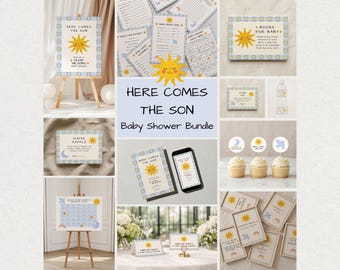 Pakiet na baby shower „Here Comes the Son”, zaproszenie na baby shower „Sunshine Boy”, dekoracje na baby shower w kolorze słonecznoniebieskim, gry i znaki do druku