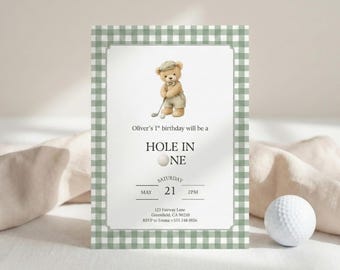 Invito per il primo compleanno "Hole in One", invito modificabile per il primo compleanno a forma di orsetto da golf