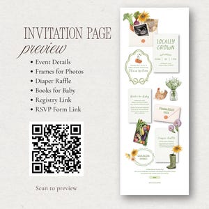 A preview of the Locally Grown baby shower website invitation page with event details, Books for Baby card, diaper raffle, registry link, and RSVP section.