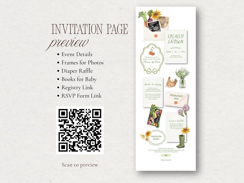 A preview of the Locally Grown baby shower website invitation page with event details, Books for Baby card, diaper raffle, registry link, and RSVP section.