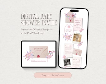 Site Web d'invitation pour une fête prénatale – Faire-part numérique animé « Bébé en fleurs » avec RSVP traçable | Modèle de toile modifiable