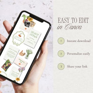 A phone displaying the editable Canva baby shower website template with a Locally Grown farmer’s market theme and garden inspired illustrations.