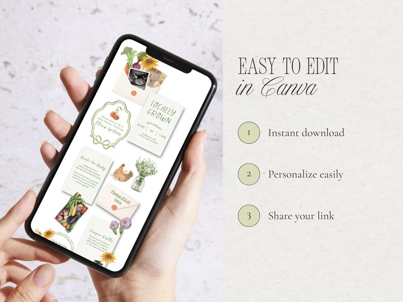 A phone displaying the editable Canva baby shower website template with a Locally Grown farmer’s market theme and garden inspired illustrations.