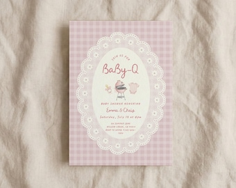 Szablon zaproszenia na baby shower Baby-Q | Zaproszenie na baby shower z grillem | Baby shower z grillem w ogrodzie | Baby shower z grillem w ogrodzie w kolorze różowej kratki