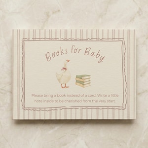 Plantilla de tarjeta de bebé con diseño de libros de Silly Goose en rosa, inserto para solicitud de libros para baby shower de niña, baby shower vintage en tonos rubor (editable en Canva).