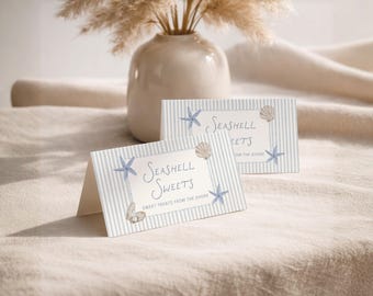 Szablon etykiet na żywność Sea You Soon, karty namiotowe na baby shower w kształcie muszelek, edytowalne niebieskie karty na bufet, dekoracje z motywem nadmorskich posypek dla dzieci