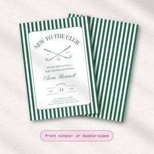 Two versions of the baby shower invitation shown side by side to demonstrate single-sided and double-sided printing options, both featuring a green striped border and classic typography.