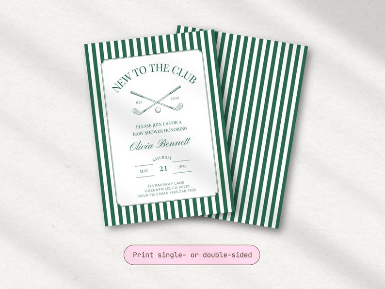 Two versions of the baby shower invitation shown side by side to demonstrate single-sided and double-sided printing options, both featuring a green striped border and classic typography.