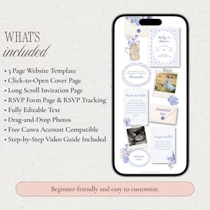 Overview of what is included in the Baby in Bloom blue baby shower website template, showing the long scroll invitation design with florals, invitation card, RSVP section, books for baby card, and diaper raffle.