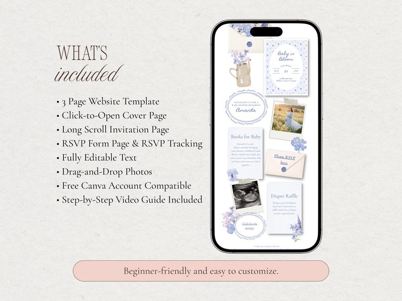 Overview of what is included in the Baby in Bloom blue baby shower website template, showing the long scroll invitation design with florals, invitation card, RSVP section, books for baby card, and diaper raffle.