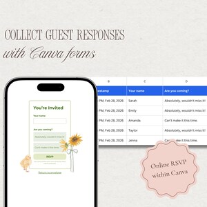 A mobile RSVP form for the baby shower website invitation showing how guest responses are collected automatically through Canva forms.