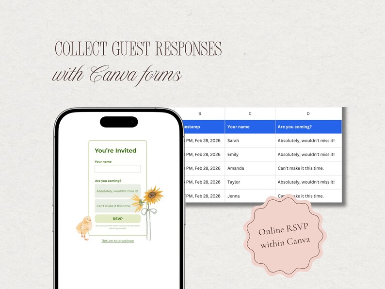 A mobile RSVP form for the baby shower website invitation showing how guest responses are collected automatically through Canva forms.