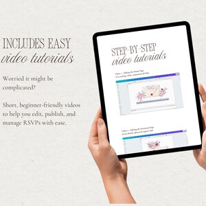 Tablet displaying step-by-step video tutorials included with the Locally Grown baby shower website template to help users edit, customize, and publish their invitation in Canva.