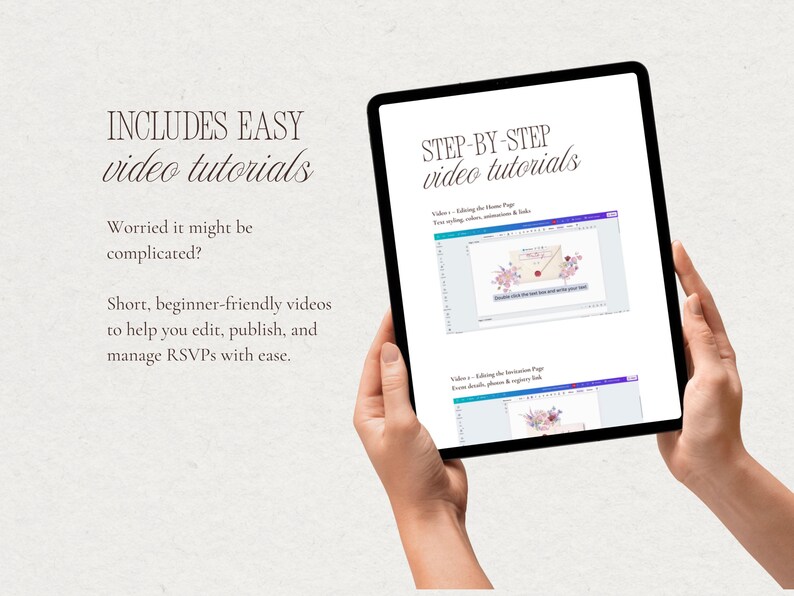 Tablet displaying step-by-step video tutorials included with the Locally Grown baby shower website template to help users edit, customize, and publish their invitation in Canva.