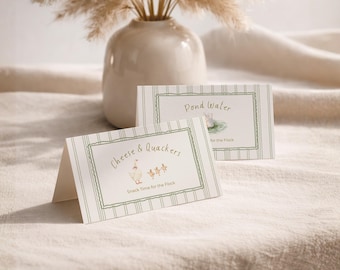 Silly Goose eten en drinken etiketten sjabloon, saliegroen babyshower tentkaarten, bewerkbare buffetplaatskaarten, decor gans babystrooisel