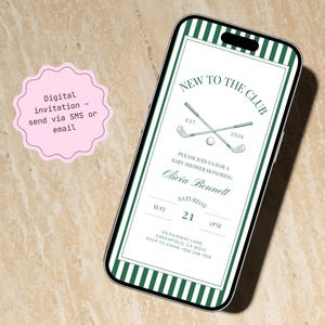 Digital baby shower invitation displayed on a smartphone screen, styled on a neutral stone background to show how the design looks when sent via text message or email.