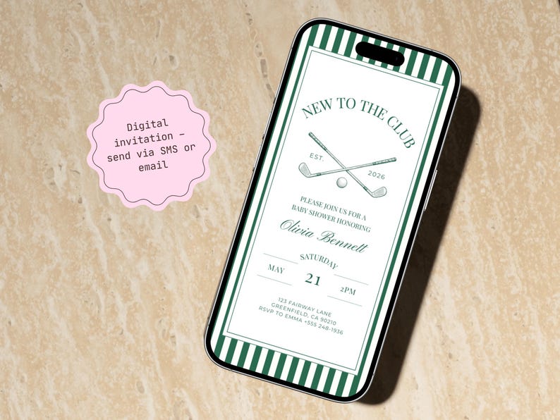 Digital baby shower invitation displayed on a smartphone screen, styled on a neutral stone background to show how the design looks when sent via text message or email.