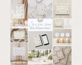 Zestaw na baby shower Sea You Soon, zaproszenie na baby shower dla chłopca w muszlach, dekoracje na baby shower w kolorze nadmorskiego błękitu, gry i znaki do druku