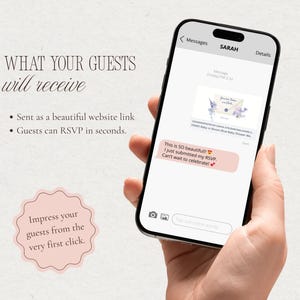 Phone screen showing how guests receive the Baby in Bloom blue baby shower website invitation link via text message and can easily RSVP online.