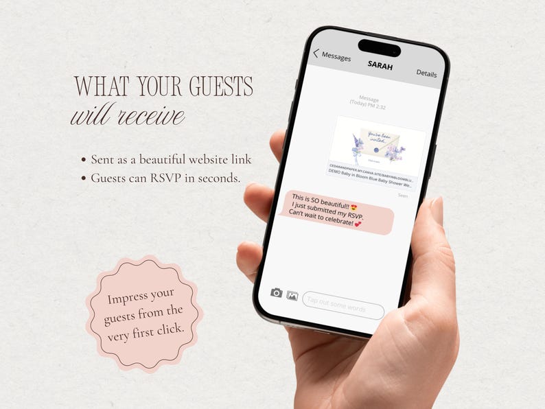 Phone screen showing how guests receive the Baby in Bloom blue baby shower website invitation link via text message and can easily RSVP online.