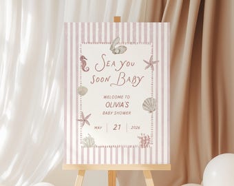 Tabliczka powitalna na baby shower w stylu Sea You Soon, dekoracja na baby shower w kolorze różowym z muszlą, edytowalny plakat powitalny z posypką, nadmorski napis na baby shower dla dziewczynki