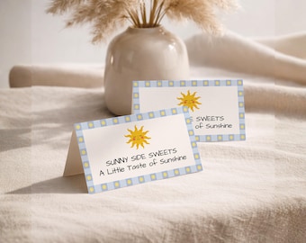 Szablon etykiet na jedzenie „Here Comes the Son”, karty namiotowe na baby shower „Sunshine”, edytowalne niebieskie karty na bufet, dekoracja retro „Sun Baby” z posypką