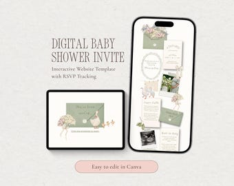 Faire-part de site Web pour baby shower – Invitation numérique animée pour baby shower Silly Goose vert sauge avec RSVP traçable, modèle Canva modifiable