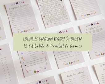 Locally Grown Baby Shower Games Bundle, Editable Farmers Market Baby Shower Games, Printable Garden Baby Shower Activity