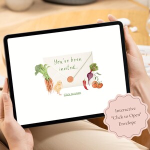 A tablet showing the interactive baby shower invitation cover with a click-to-open envelope decorated with carrots, tomatoes, and a chick for a Locally Grown baby shower theme.