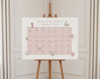 Szablon kalendarza z przewidywaną datą porodu na baby shower w Sea You Soon, gra na baby shower w różowej muszli, znak z motywem oceanicznym dla dzieci