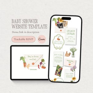A Locally Grown baby shower website invitation displayed on a phone and tablet, featuring a farmer’s market inspired design with vegetables, florals, and a trackable RSVP form.