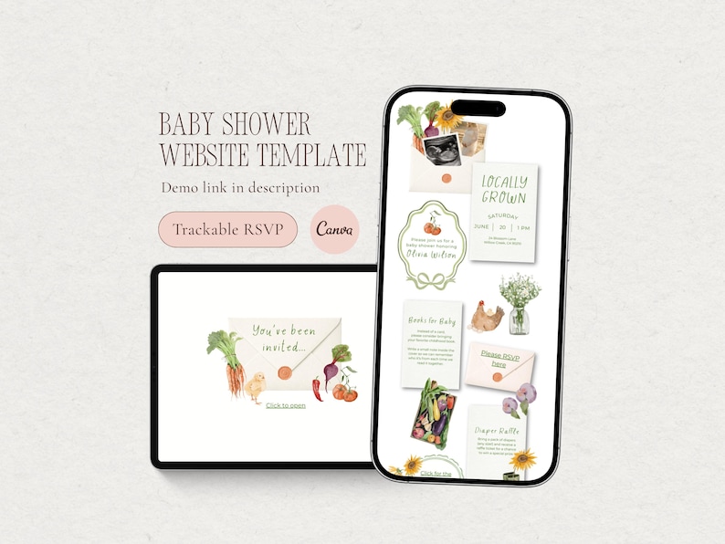 A Locally Grown baby shower website invitation displayed on a phone and tablet, featuring a farmer’s market inspired design with vegetables, florals, and a trackable RSVP form.