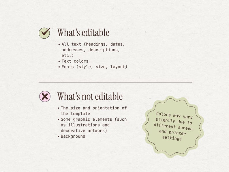 Informational graphic explaining which parts of the Canva template are editable, such as text and fonts, and which elements like background and layout remain fixed.