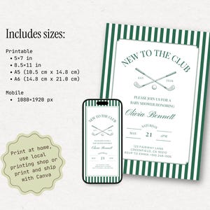 Product image showing the baby shower invitation in multiple sizes, including printable formats and a mobile version, with a clear list of included dimensions for home or professional printing.