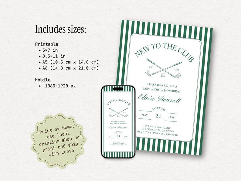 Product image showing the baby shower invitation in multiple sizes, including printable formats and a mobile version, with a clear list of included dimensions for home or professional printing.