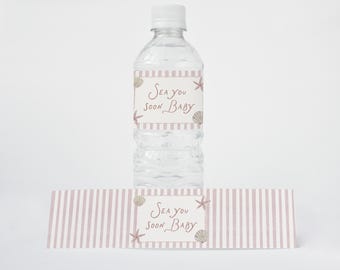 Szablon do edycji etykiet na butelki z wodą Sea You Soon Baby Shower, różowa muszla morska, 8 x 2 cale, etykiety na napoje na plażowy baby shower