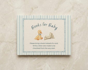Enten-Babypartybücher für Babykartenvorlage, ein kleines Entlein ist auf dem Weg Babypartyeinsatz, bearbeitbare Buchanfragekarte blau