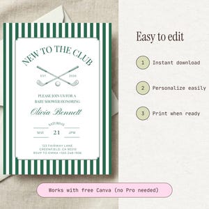 Editable baby shower invitation shown with an envelope background, alongside a graphic explaining the simple steps to download, personalize, and print the design using Canva.