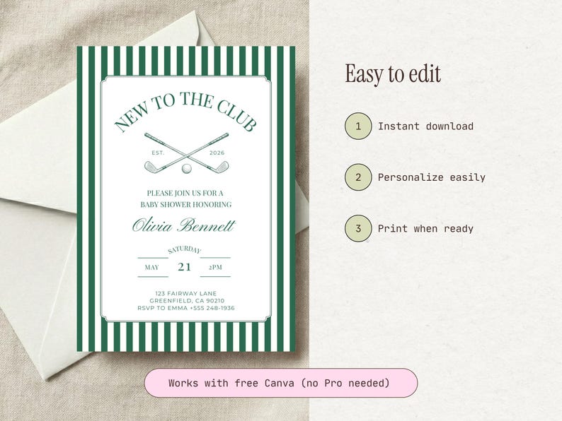 Editable baby shower invitation shown with an envelope background, alongside a graphic explaining the simple steps to download, personalize, and print the design using Canva.