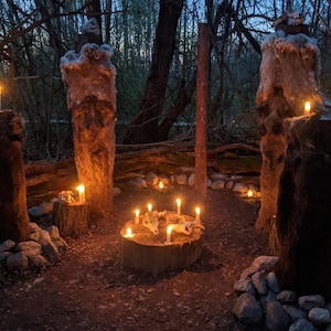 May include: An outdoor scene at dusk features a circle of candles around a tree stump with a skull. Tall, textured structures stand around the circle, with more candles on top. The scene is set in a forest with dim lighting.