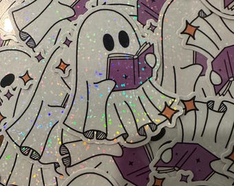 Glitter Ghost Reading Sticker: Booktok Halloween Vinyl Decal