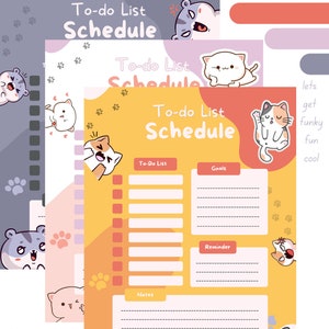 May include: Printable to-do list with three different designs featuring cute cartoon cats. Each design has a yellow background with paw prints and a section for to-do list, goals, reminders, and notes.