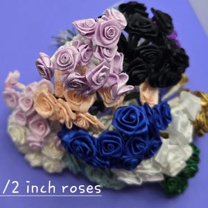 May include: A collection of small, fabric roses in various colors, including lavender, peach, blue, black, white, and green. The text "1/2 inch roses" is visible at the bottom. These decorative flowers are suitable for crafts and embellishments.