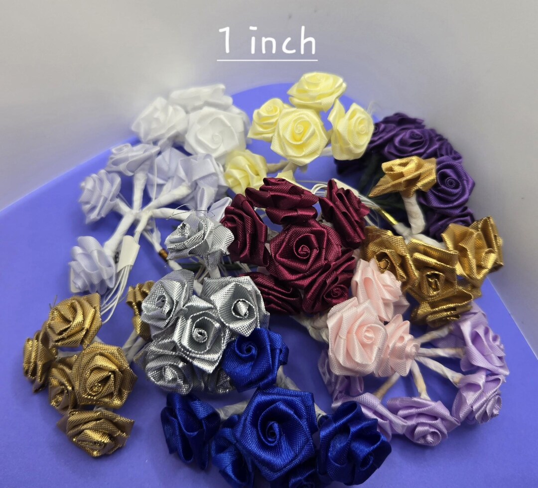 1 Inch Ribbon Roses Satin Ribbon Roses 1 Inch Wired Ste, - BUNCH of 12 Flowers - Mix ...