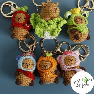 May include: Six crocheted animal keychains with gold key rings. The animals are a brown bear wearing a red and white hat, a brown bear wearing a green and white dress, a brown bear wearing a green frog costume, a brown bear wearing a blue and red hat, a brown bear wearing an orange and yellow hat, and a brown bear wearing a pink and purple hat.