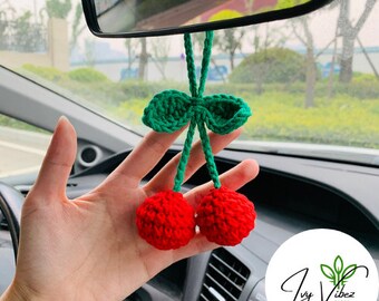 Crochet Cherry Car Mirror Hanger | Cute Rear View Mirror Decor | Cherry Car Accessories for Women & Teens | Sweet Crochet Car Interior Charm