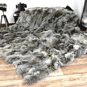 Luxury Real Gray Coyote Fur Throw Blanket