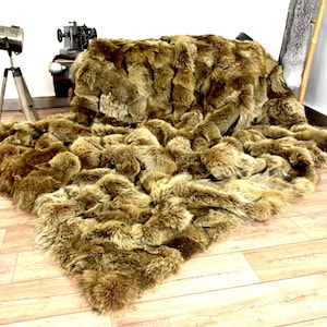 Luxury Real Khaki Coyote Fur Throw Blanket