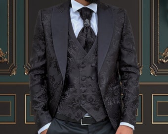 Mens Slim Fit Black Floral Tuxedo Peak Lapel | Weddings and special Occasions Tuxedo